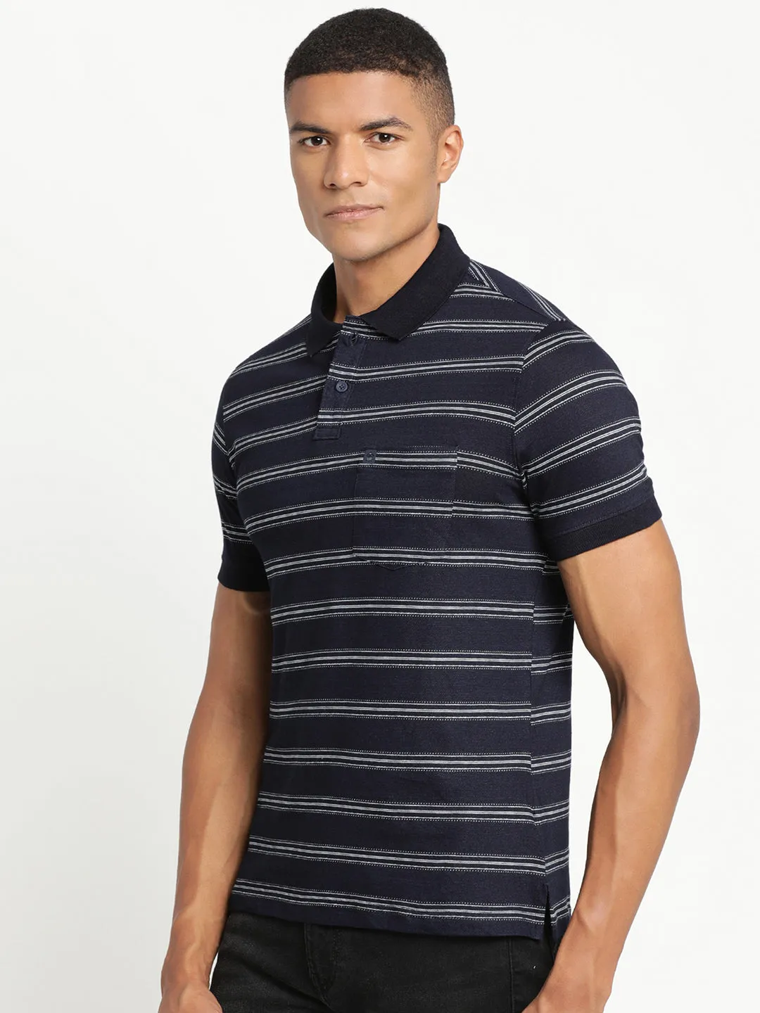 100% Cotton Indigo Navy Striped Polo Neck Half Sleeve Casual T-Shirt