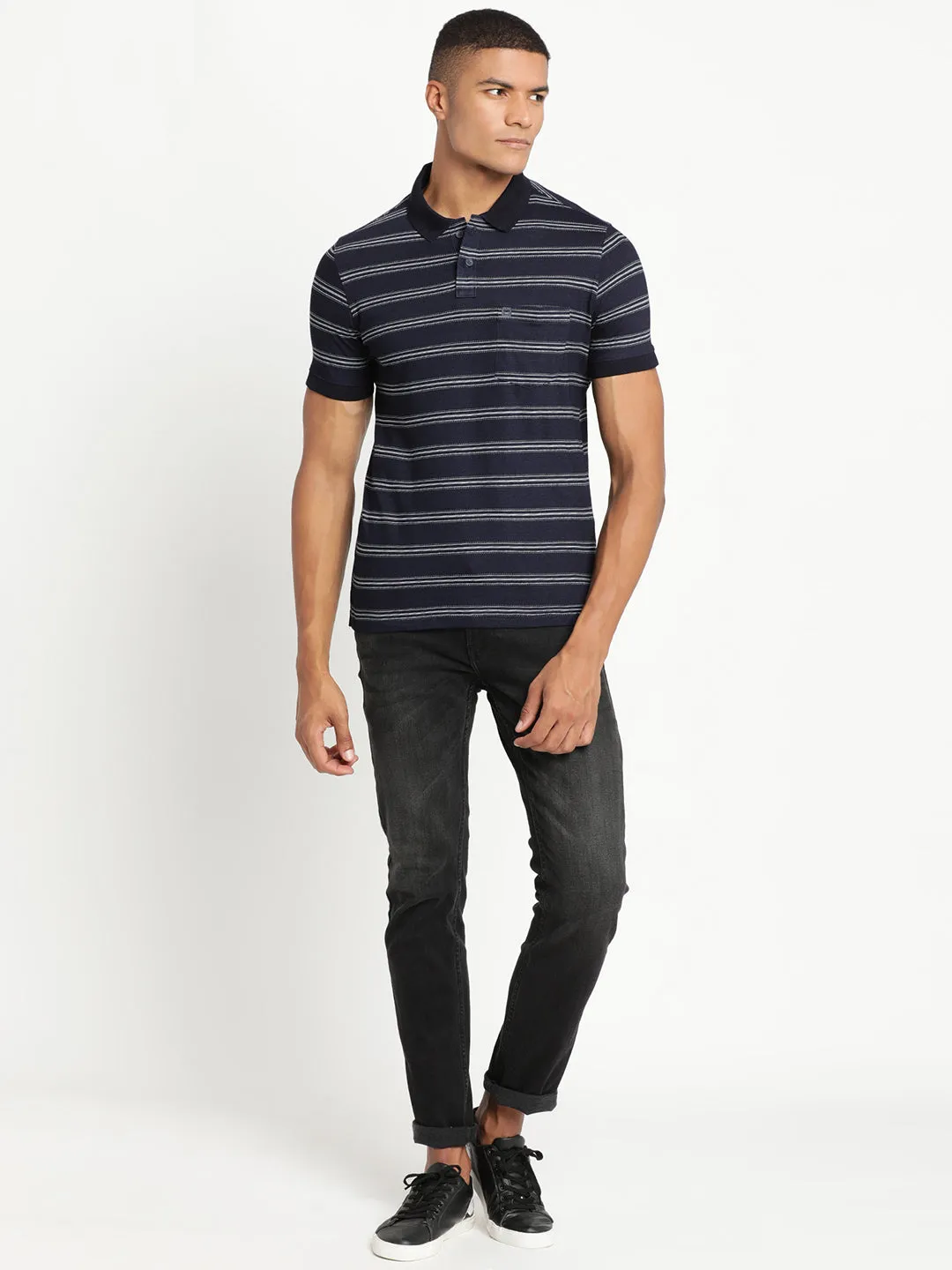 100% Cotton Indigo Navy Striped Polo Neck Half Sleeve Casual T-Shirt