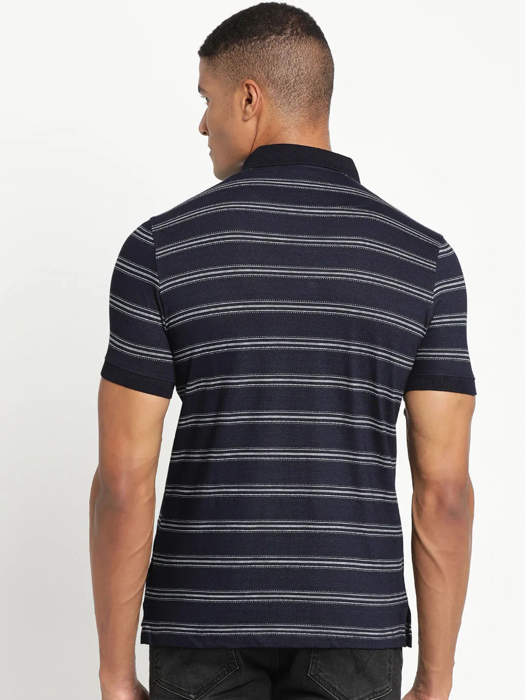 100% Cotton Indigo Navy Striped Polo Neck Half Sleeve Casual T-Shirt