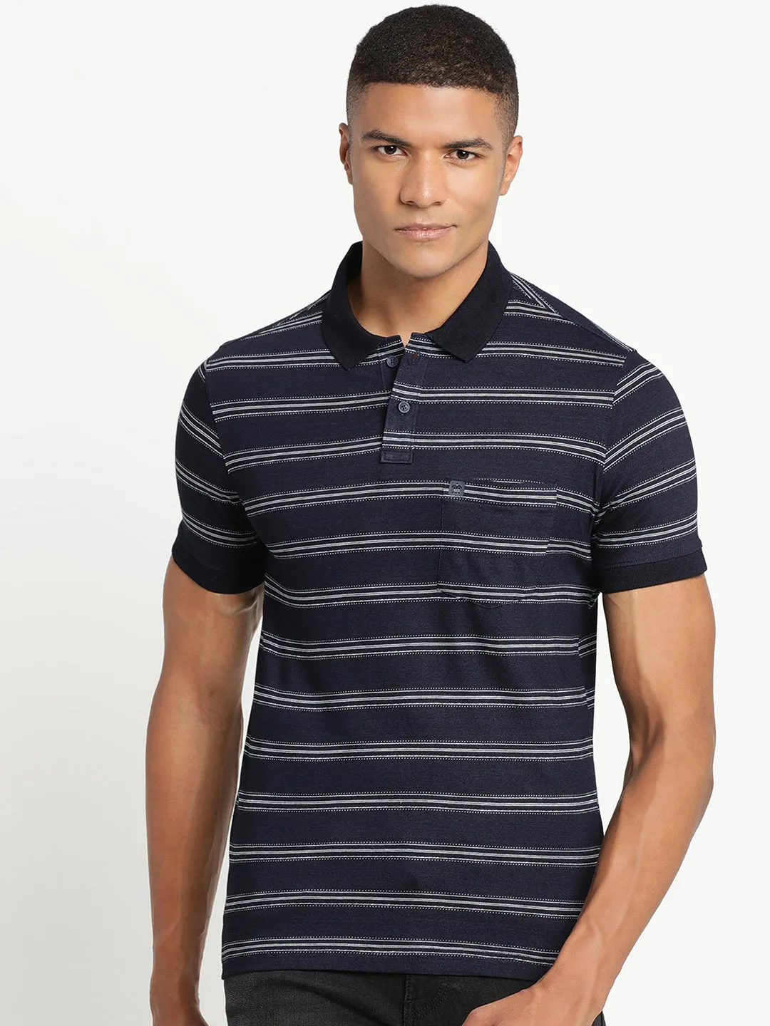 100% Cotton Indigo Navy Striped Polo Neck Half Sleeve Casual T-Shirt