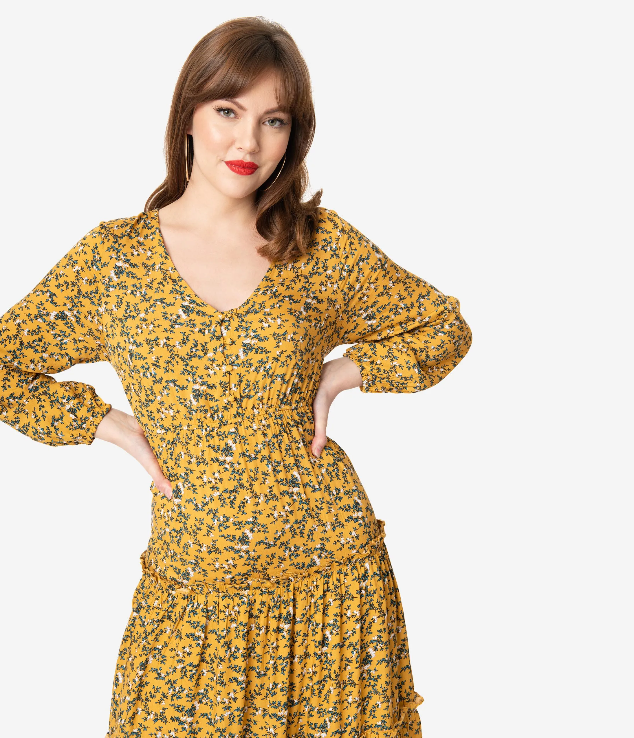 1940s Style Mustard & Ivory Floral Midi Dress