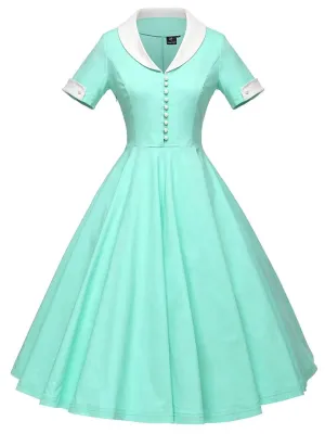 1950s Solid Turndown Collar Swing Dress