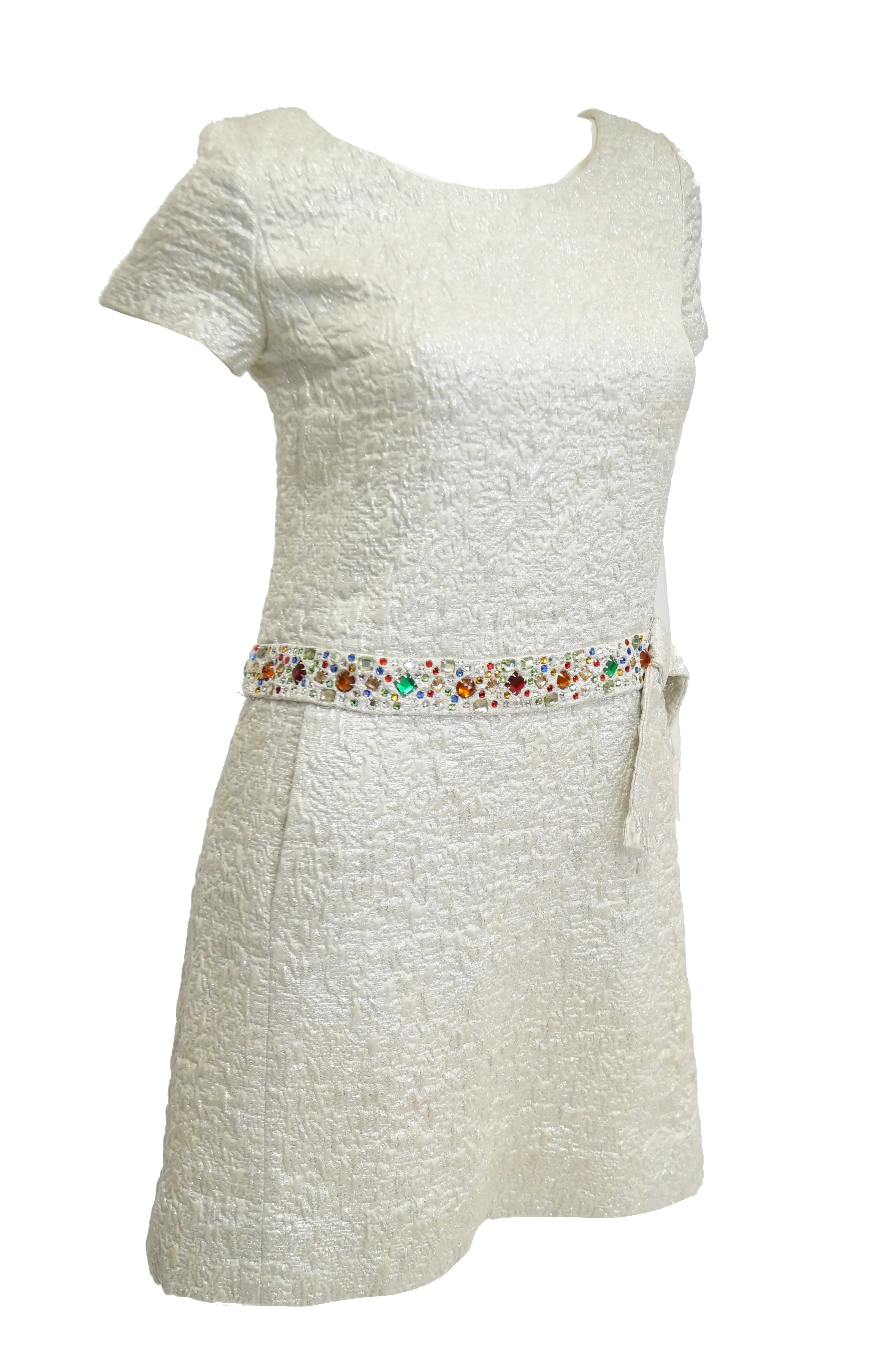 1960s B. Altman Silver Shift Cocktail Dress with Multicolor Rhinestone Belt