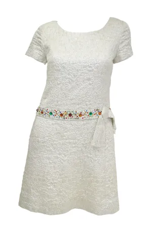 1960s B. Altman Silver Shift Cocktail Dress with Multicolor Rhinestone Belt