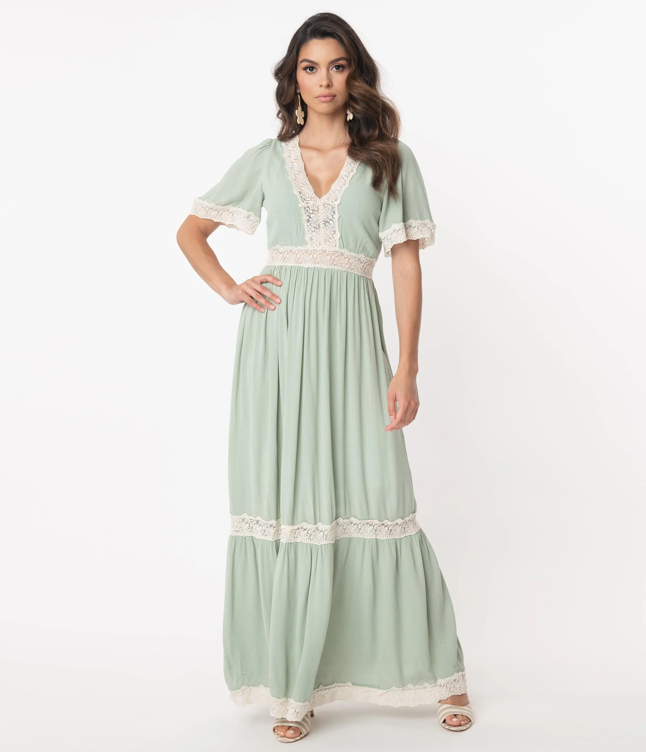 1970s Style Seafoam Lace Trim Maxi Dress