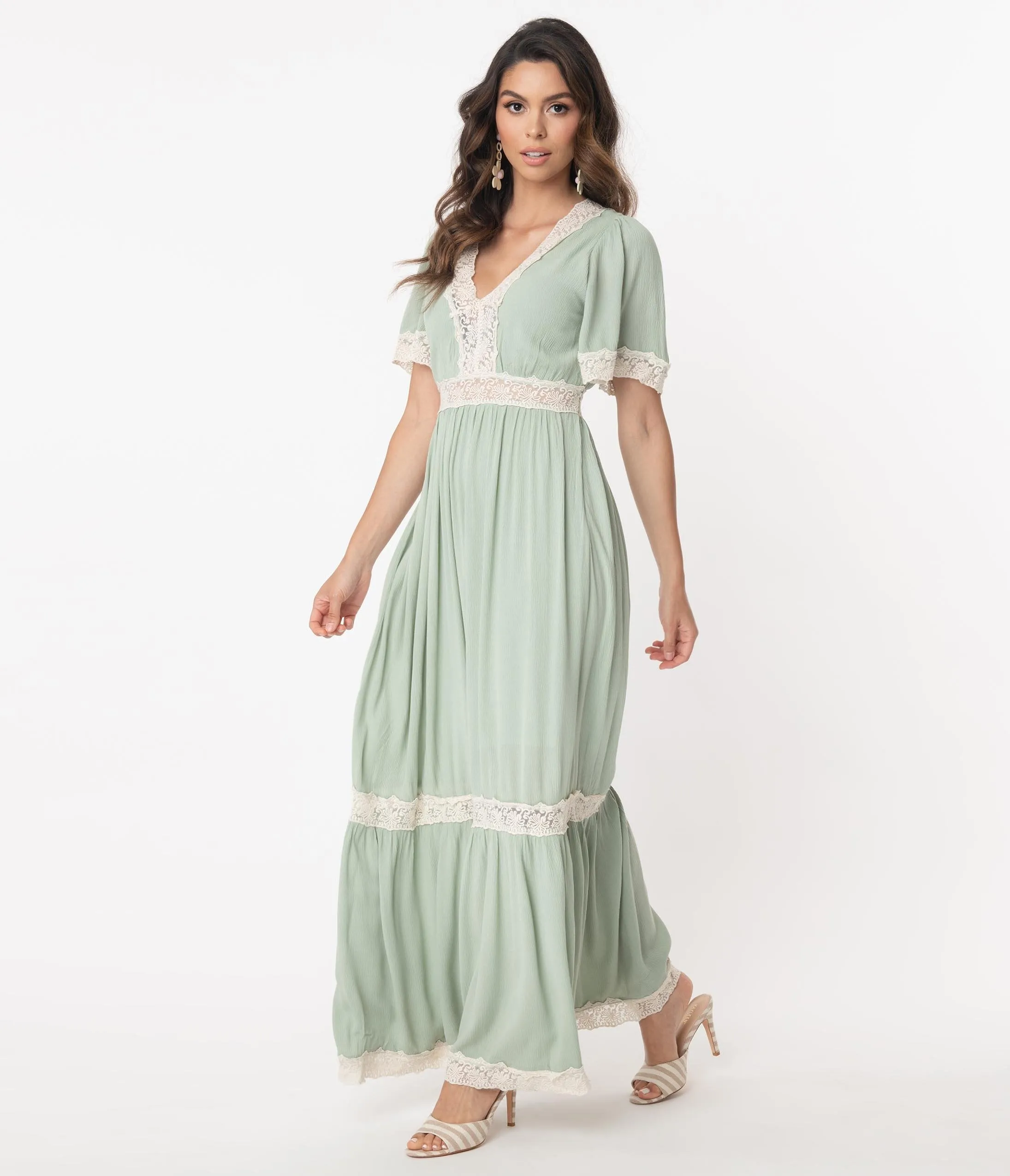 1970s Style Seafoam Lace Trim Maxi Dress