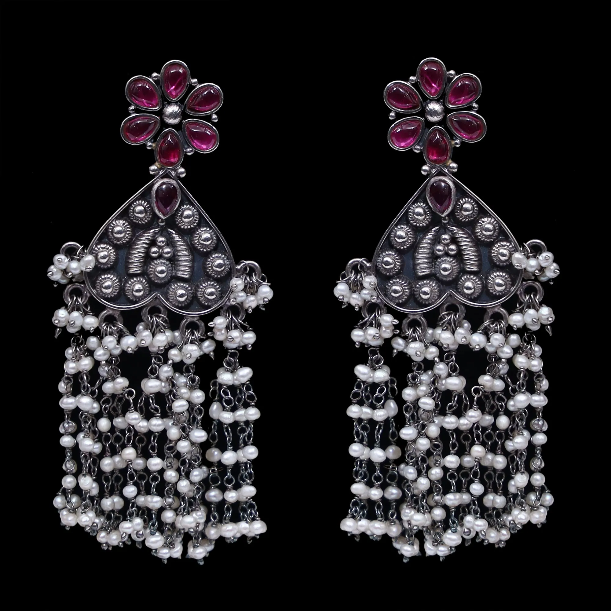 925 Silver Handmade Earring With Ruby Color and Fresh Water Pearl Hanging