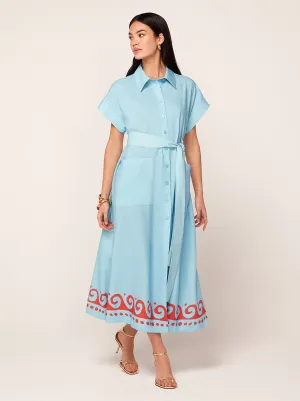 Alessandra Blue Wave Print Midi Shirt Dress