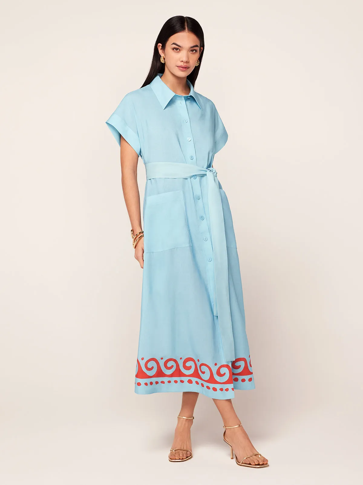 Alessandra Blue Wave Print Midi Shirt Dress