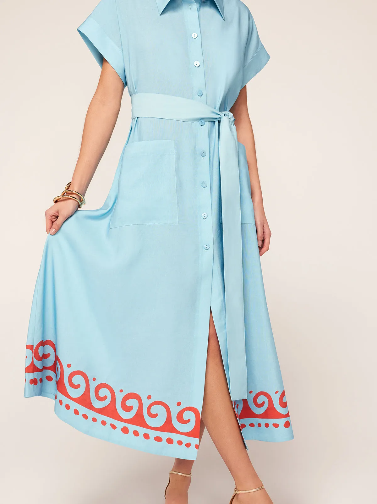 Alessandra Blue Wave Print Midi Shirt Dress