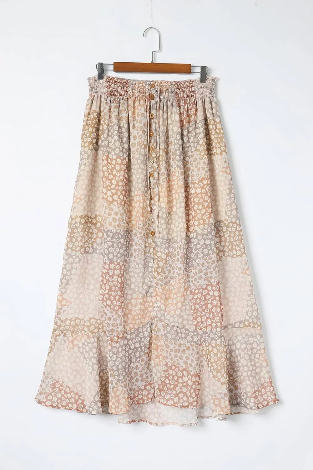 Apricot Boho Flower Print Smocked Waist Button Slit Maxi Skirt