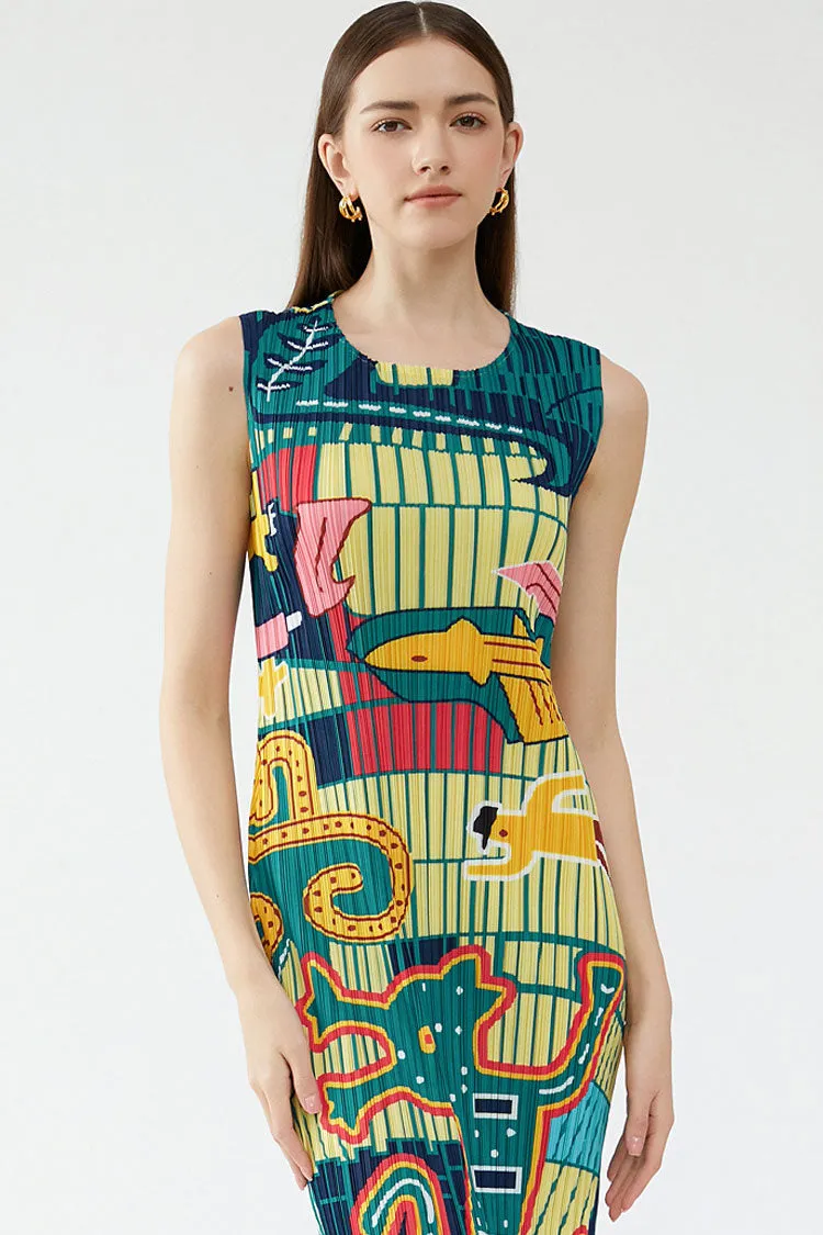 Artistic Print Crew Neck Sleeveless Pleated Bodycon Midi Dress - Green