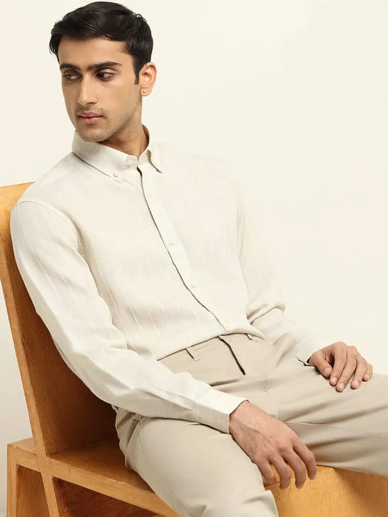 Ascot Cream Relaxed Fit Blended Linen Shirt