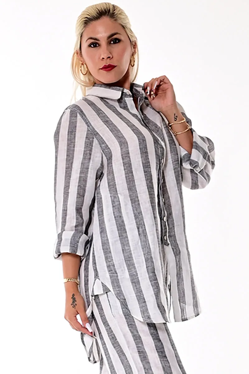 Azucar 100% Linen Ladies Long Sleeved Striped Blouse -LLB1320