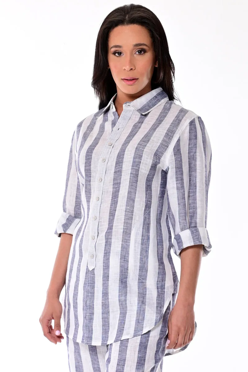 Azucar 100% Linen Ladies Long Sleeved Striped Blouse -LLB1320