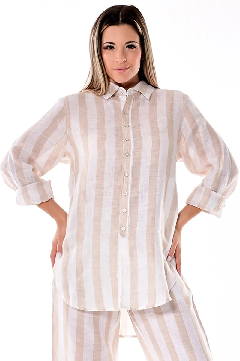 Azucar 100% Linen Ladies Long Sleeved Striped Blouse -LLB1320