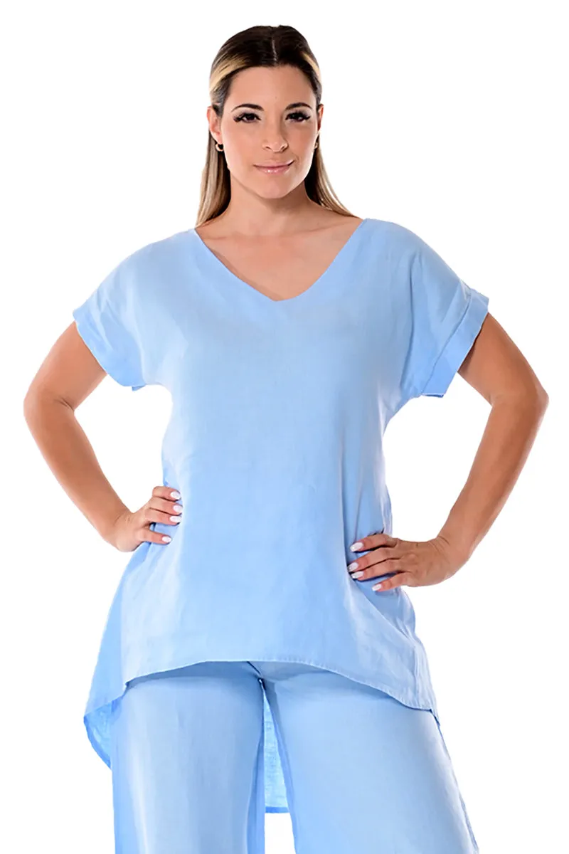 Azucar Ladies 100% Linen Short Sleeve V-neck with Hi-Low Hem in (3) Colors-LLWB110