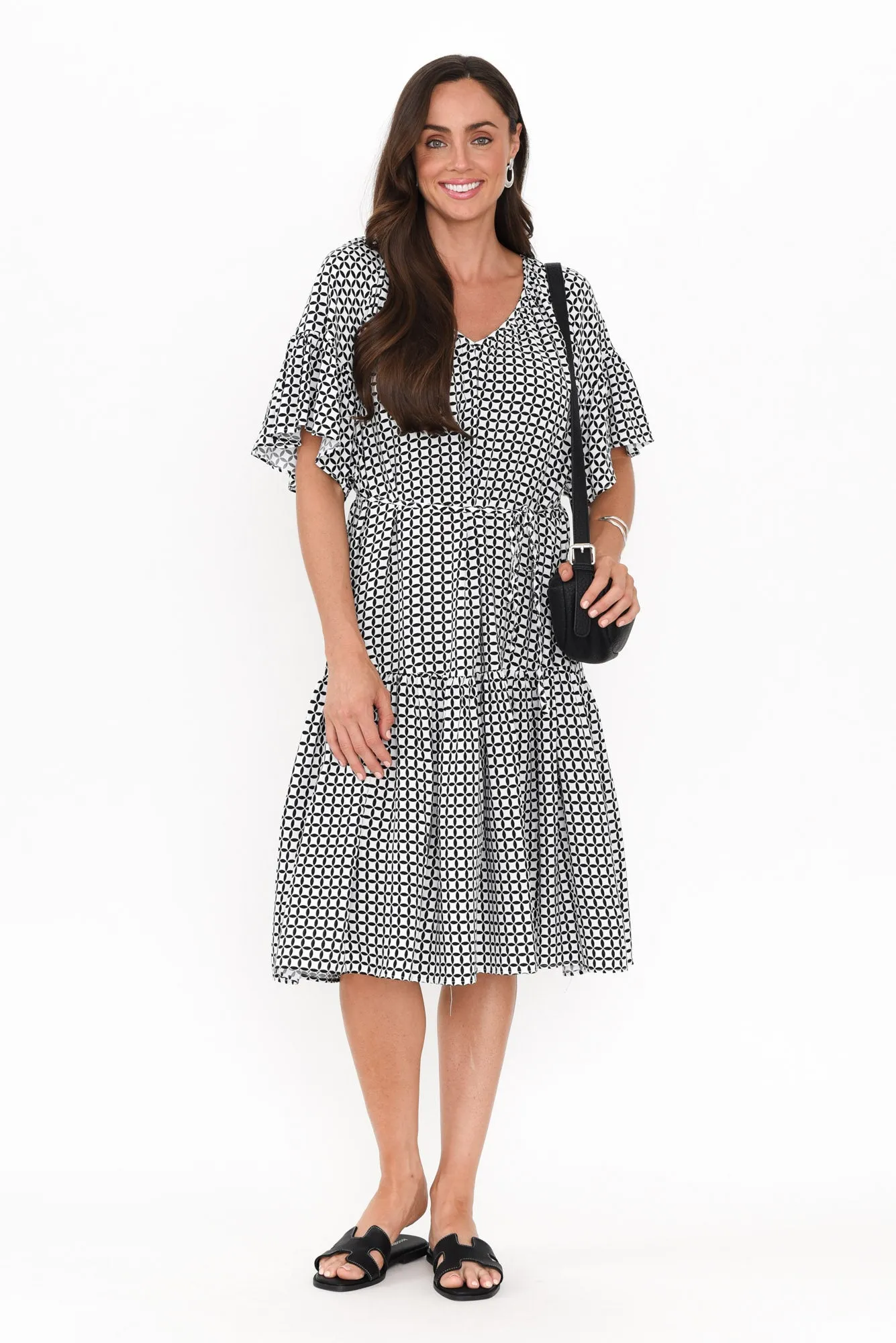 Bella Black Geo Flutter Sleeve Dress