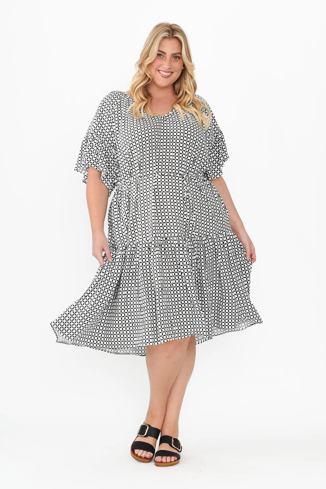 Bella Black Geo Flutter Sleeve Dress