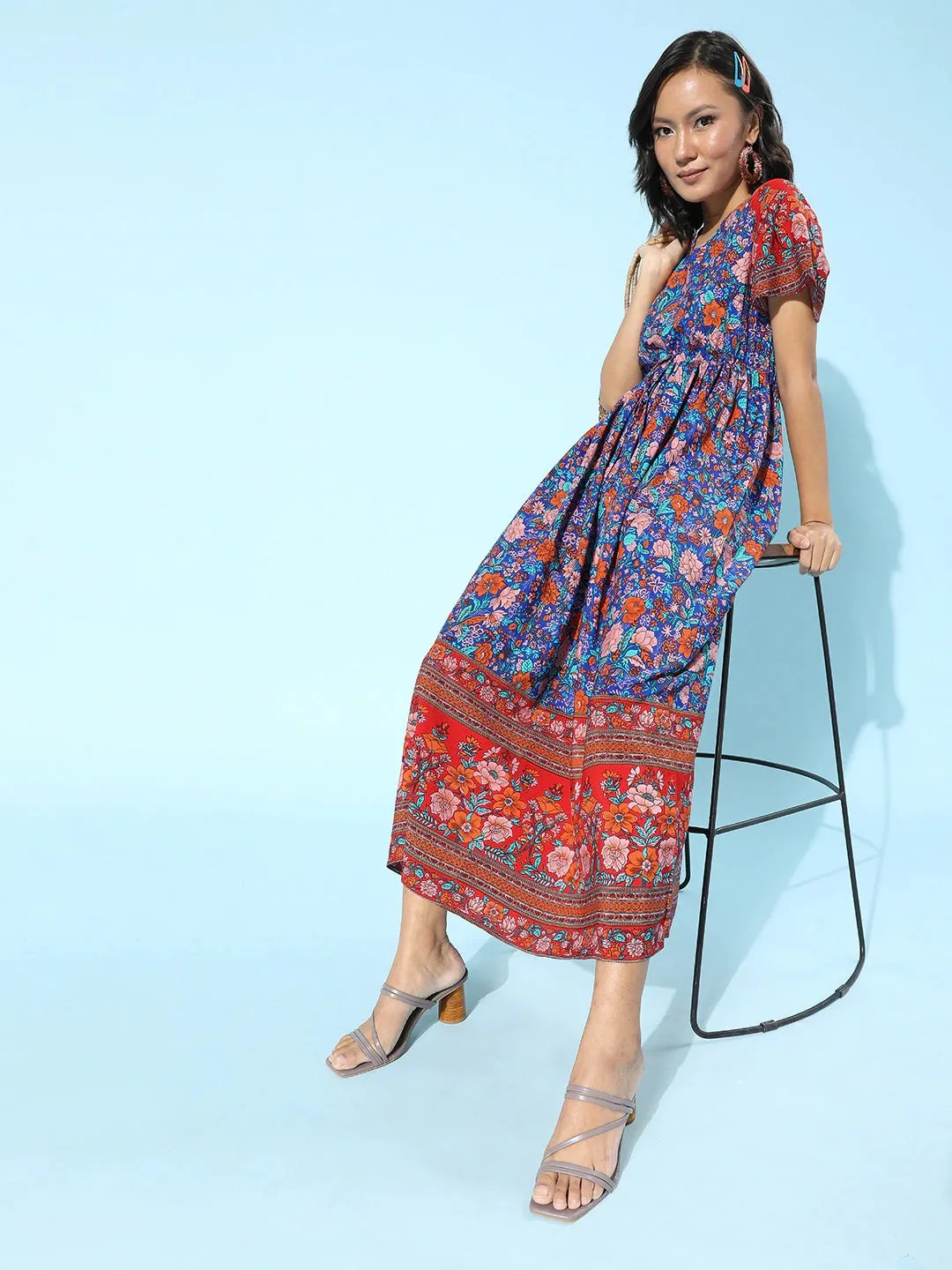 Berrylush Women Blue & Red Floral Printed V-Neck Front Knot Flared A-Line Maxi Dress