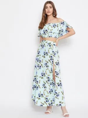 Berrylush Women Light Green Floral Print Layered Co-Ordinate Maxi Dress