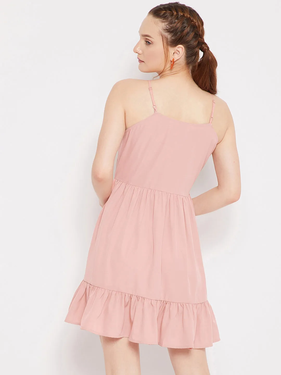 Berrylush Women Solid Pink Square Neck Sleeveless Ruffled A-Line Mini Dress