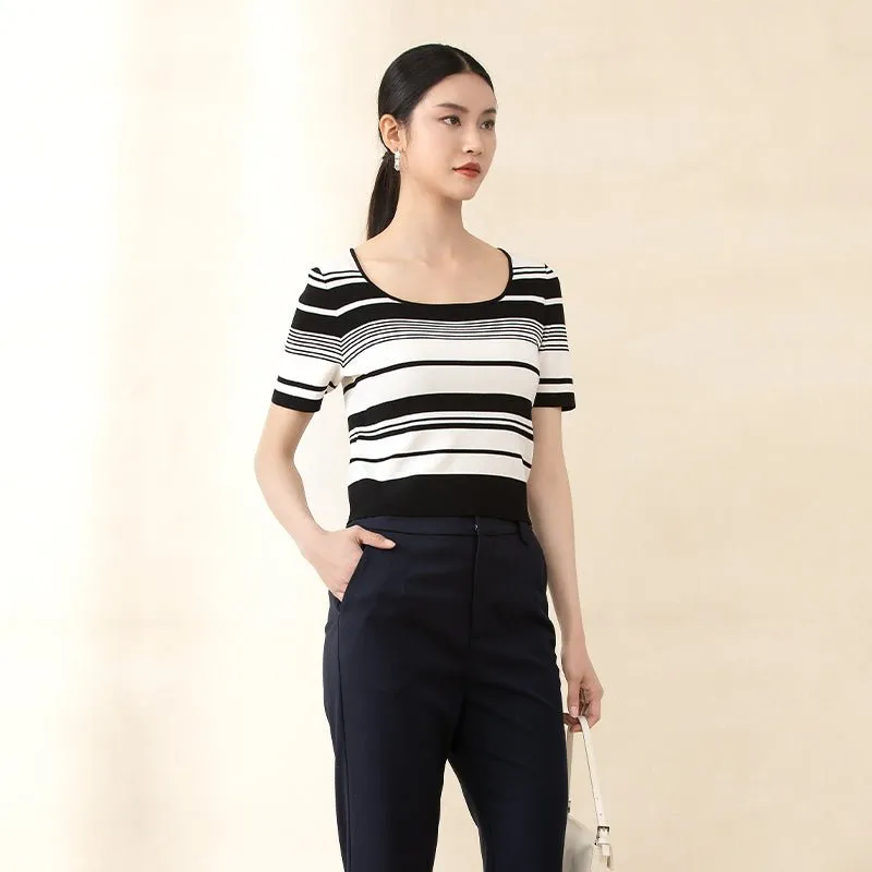 Black & White Striped Short Sleeve Knitted Sweater