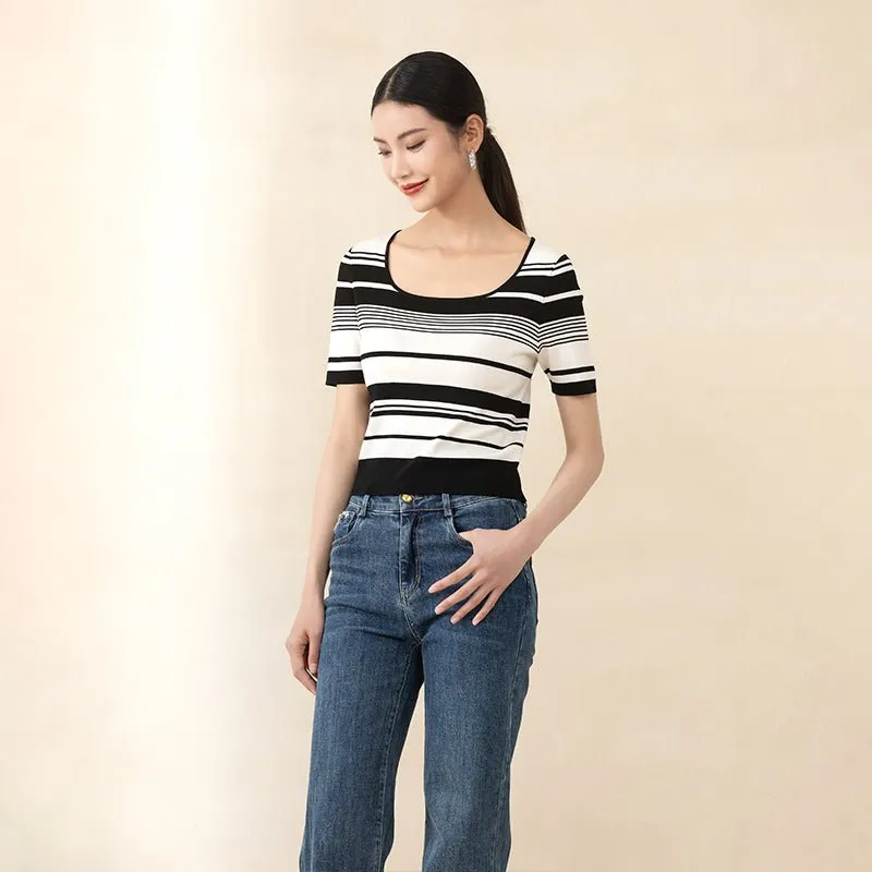 Black & White Striped Short Sleeve Knitted Sweater