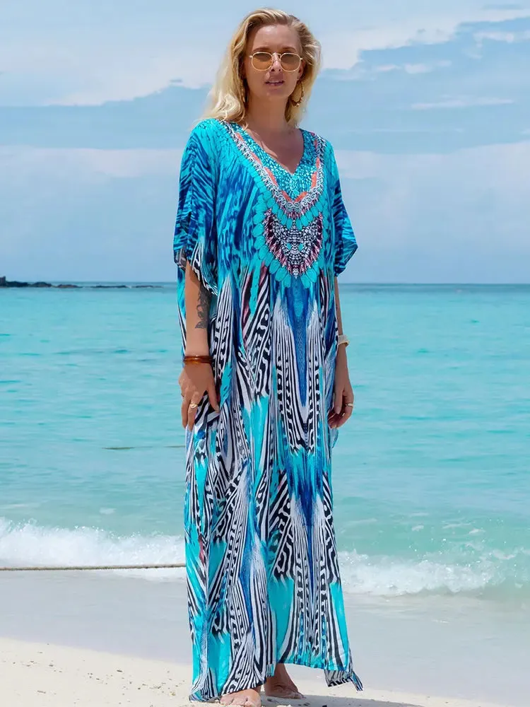 Bohemian Seaside Plus Size Print Kaftan Maxi Dress V Neck Slit Loose Robe Women, Summer Beachwear Swimsuit Cover-ups