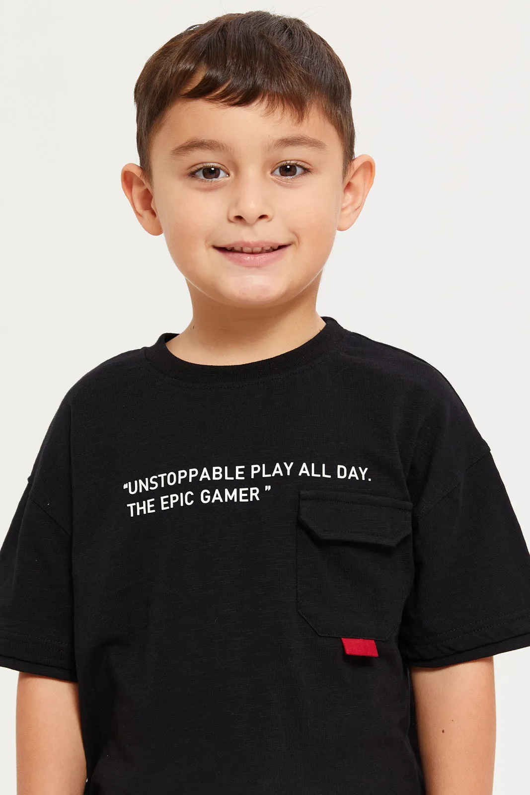 Boys Black Printed Over Sized Pocket Layered T-Shirt