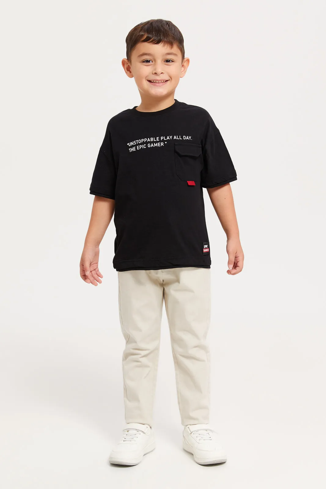 Boys Black Printed Over Sized Pocket Layered T-Shirt