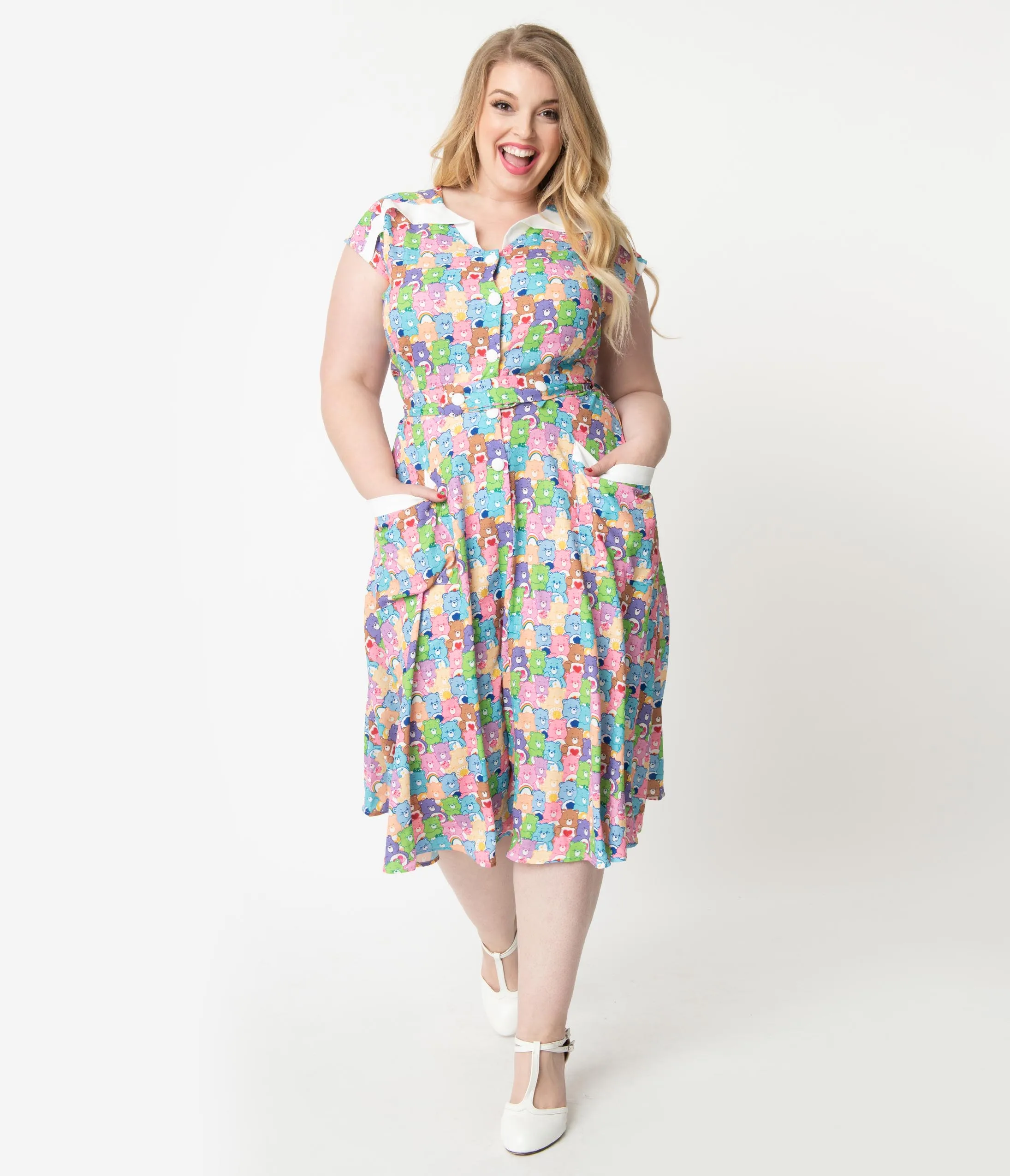 Care Bears x Unique Vintage Plus Size 1950s Care Bear Party Print Hedda Swing Dress