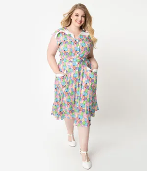 Care Bears x Unique Vintage Plus Size 1950s Care Bear Party Print Hedda Swing Dress