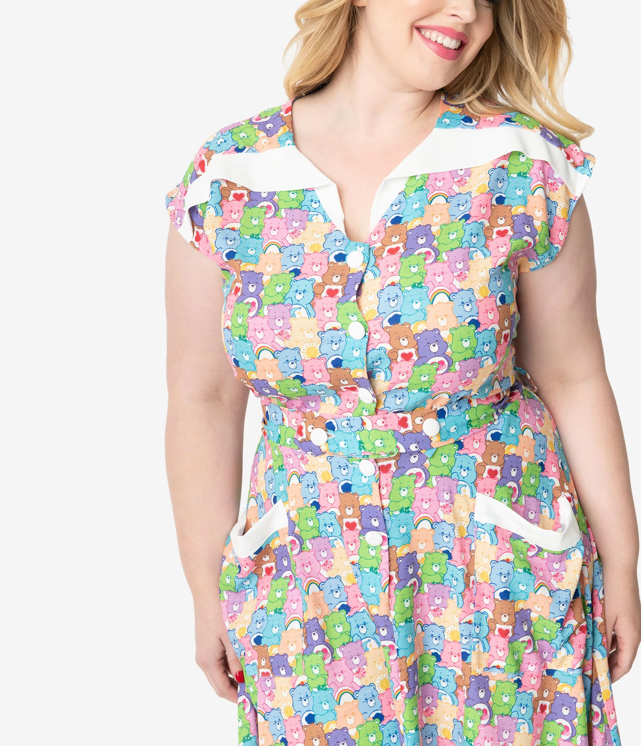 Care Bears x Unique Vintage Plus Size 1950s Care Bear Party Print Hedda Swing Dress