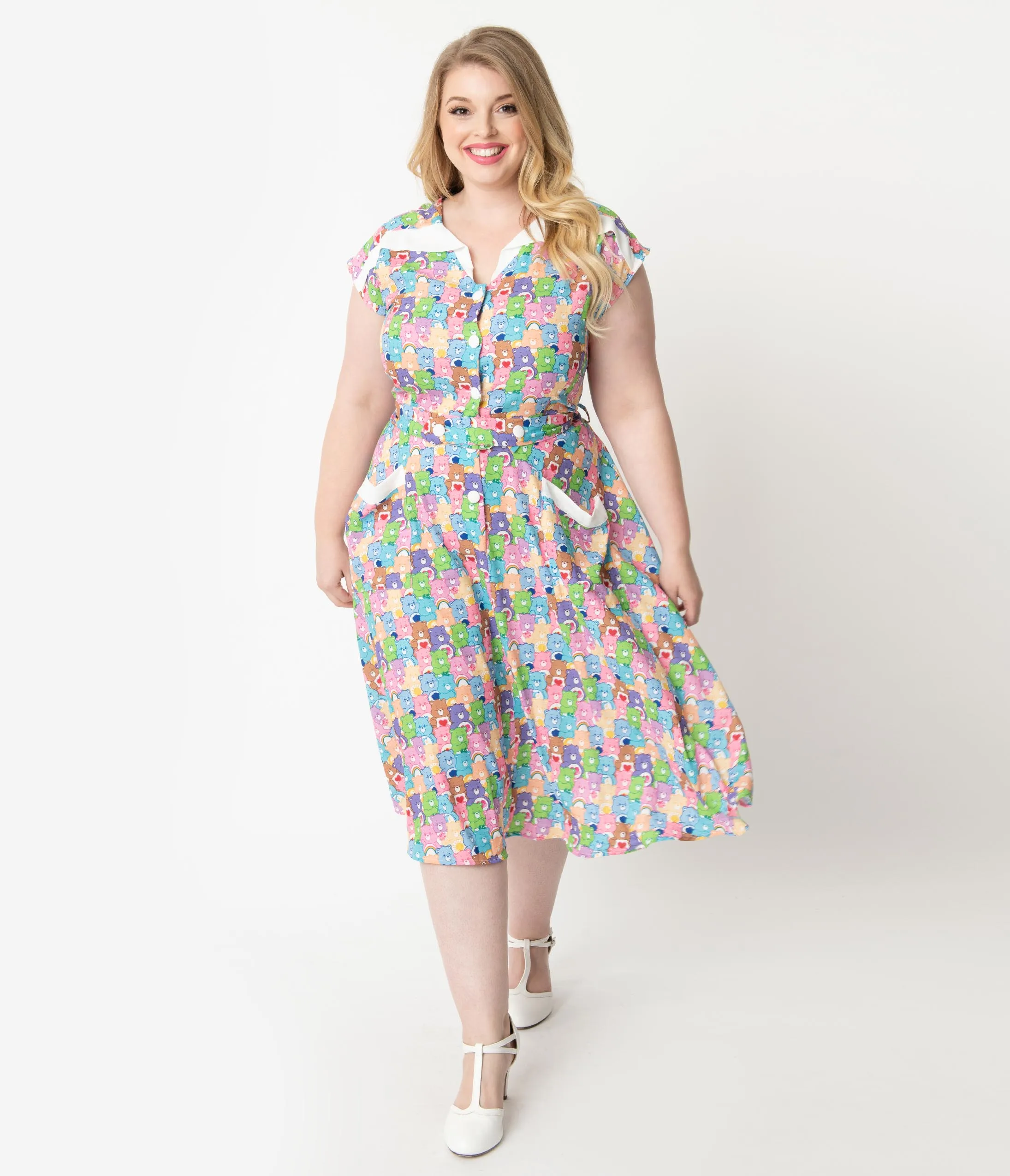 Care Bears x Unique Vintage Plus Size 1950s Care Bear Party Print Hedda Swing Dress