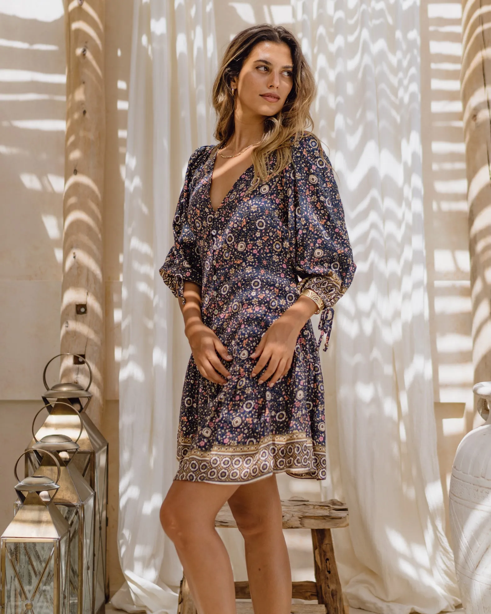 Celestine Dark Navy Blue Floral Boho Mini Dress