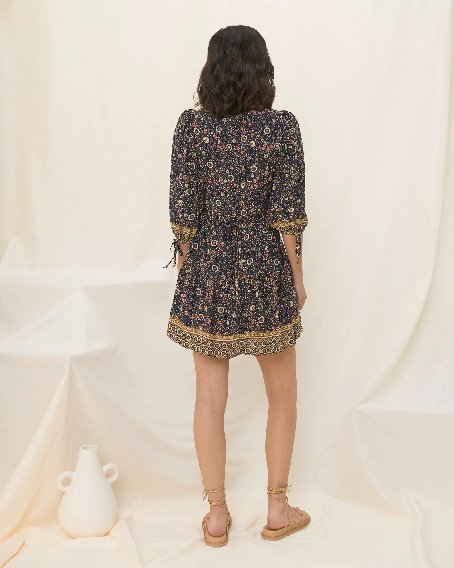 Celestine Dark Navy Blue Floral Boho Mini Dress