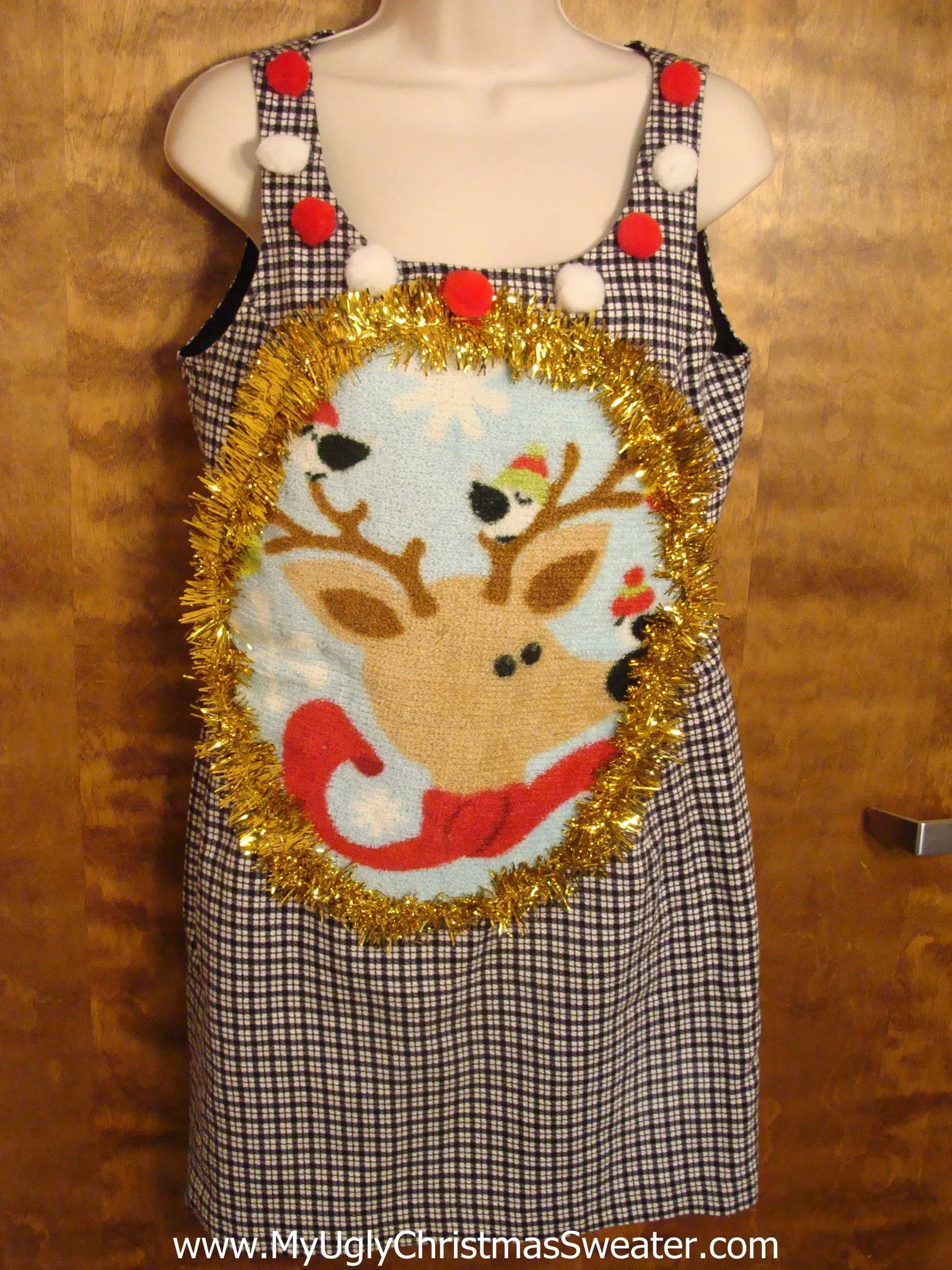 Checkerboard Christmas Dress with Reindeer