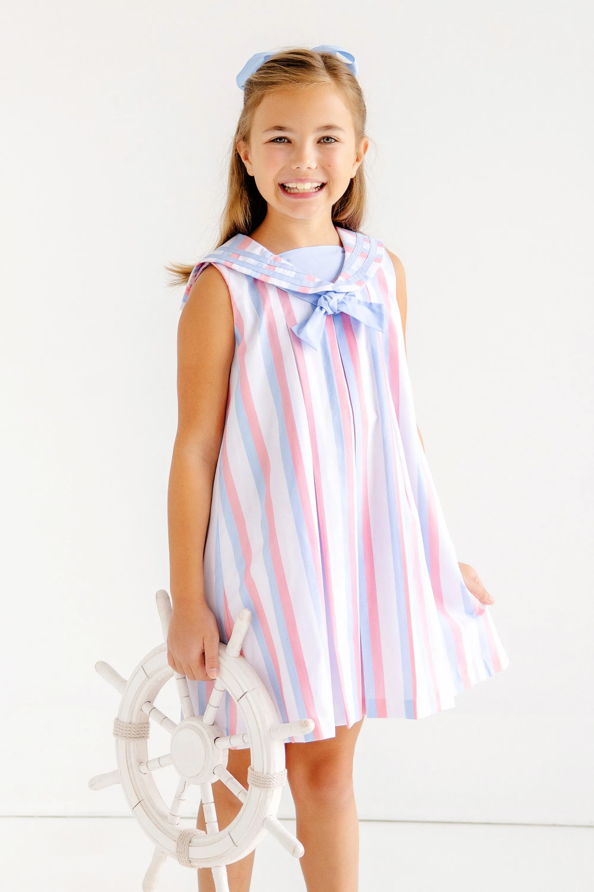 Cindy Sailor Dress - New River Nautical Stripe with Parrot Cay Coral & Beale Street Blue