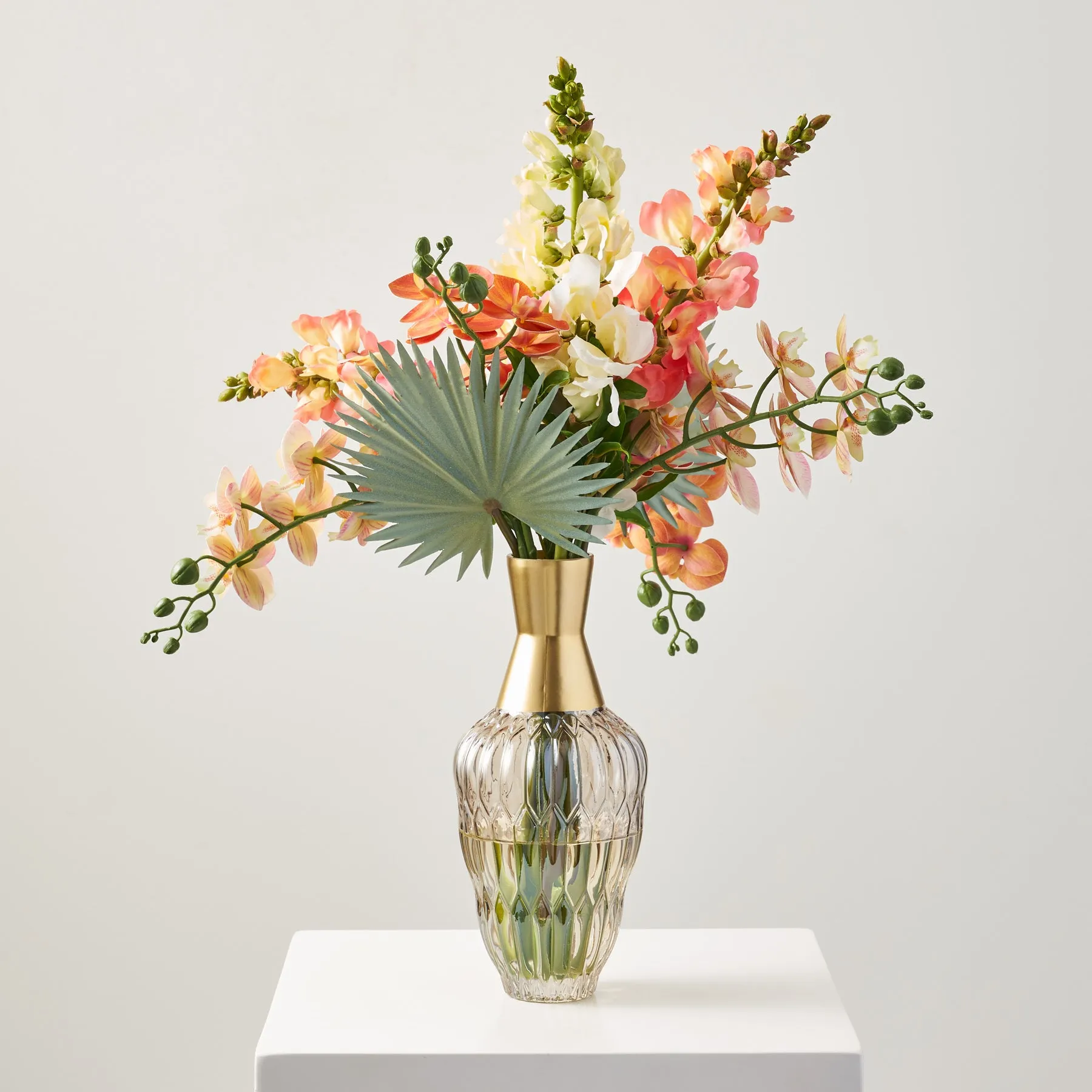 Coral Calypso - Tropical Orchid, Ombre Snapdragon & Fan Palm In Smoke Glass Gold Dip Bottle Vase Water Illusion