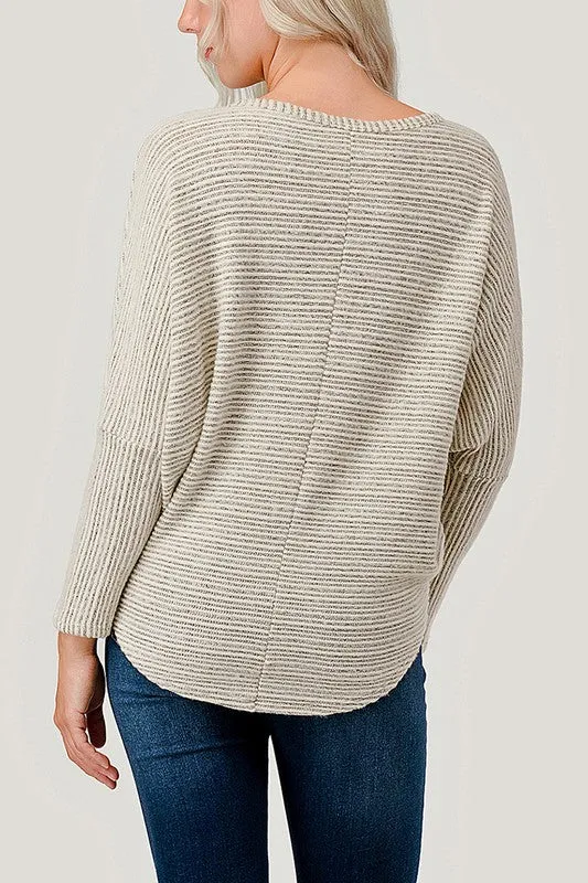 Darcy Long Dolman Sleeve Striped Ribbed Top Ivory