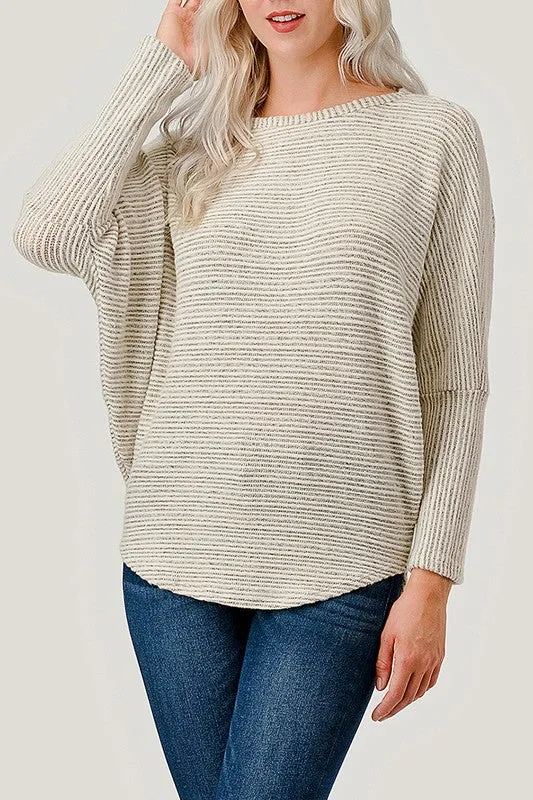 Darcy Long Dolman Sleeve Striped Ribbed Top Ivory