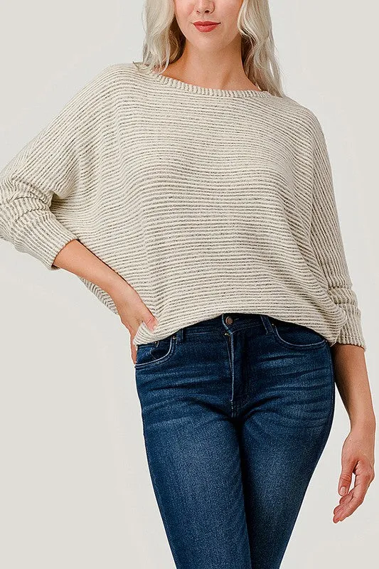 Darcy Long Dolman Sleeve Striped Ribbed Top Ivory