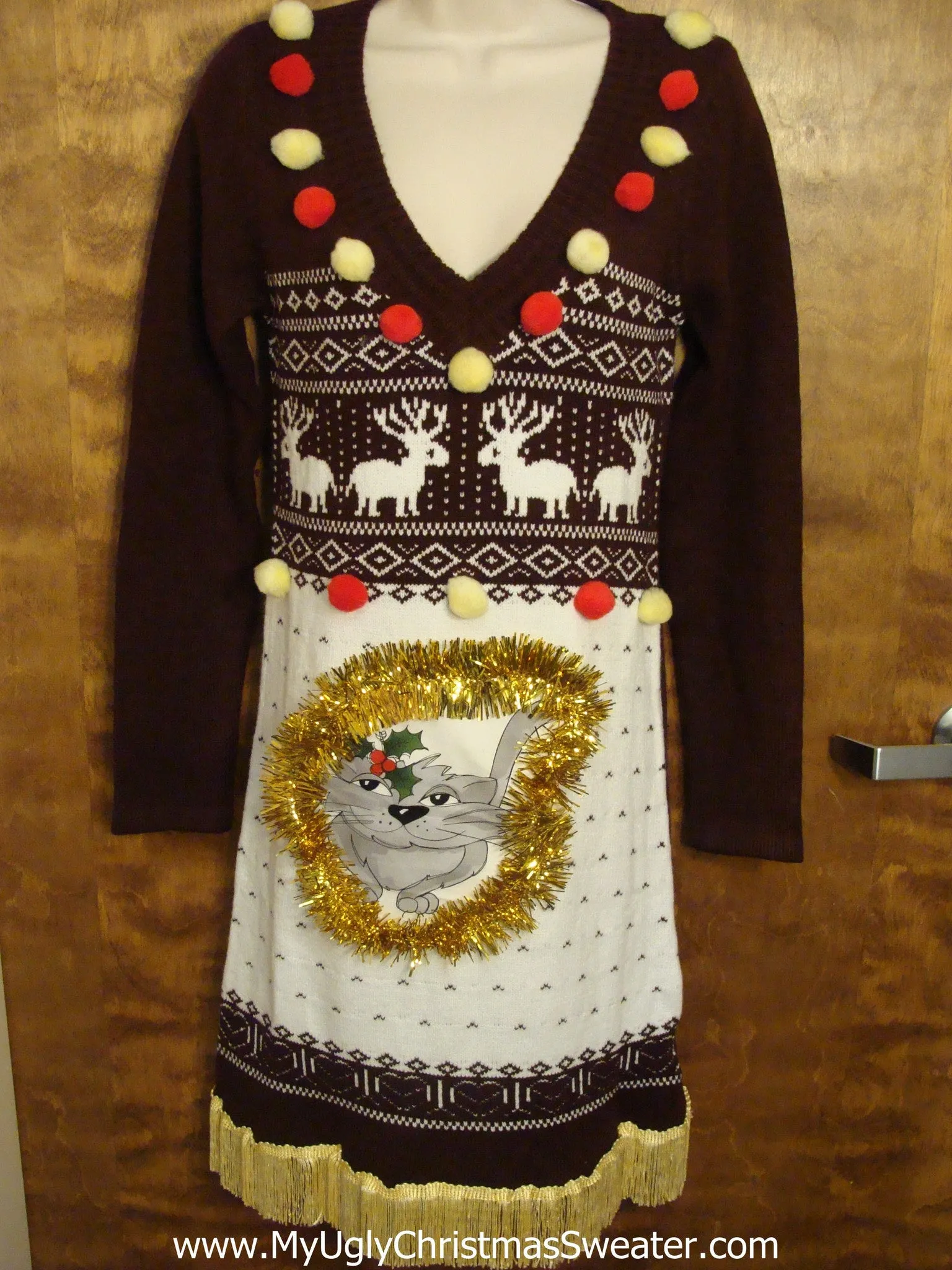 Dark Burgandy Christmas Dress Cat and Reindeer