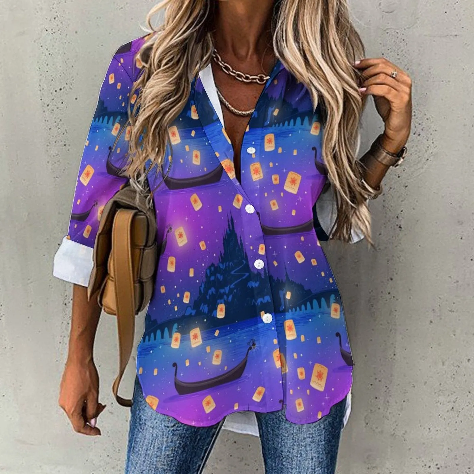 Disney Tangled Rapunzel Floating Lanterns Long Sleeve Button Up Blouse