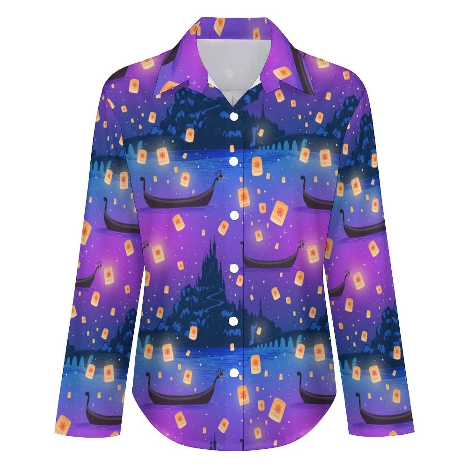 Disney Tangled Rapunzel Floating Lanterns Long Sleeve Button Up Blouse