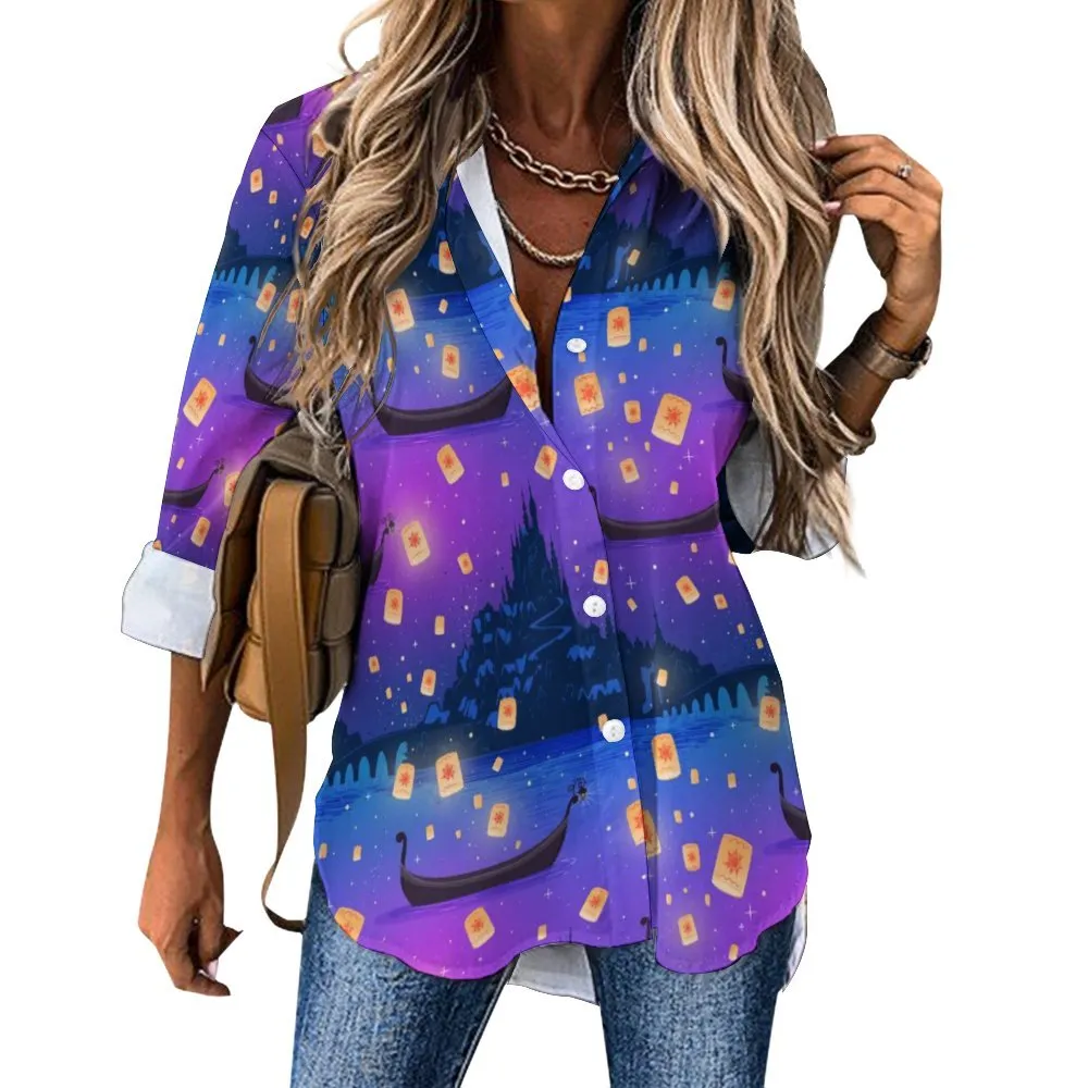 Disney Tangled Rapunzel Floating Lanterns Long Sleeve Button Up Blouse