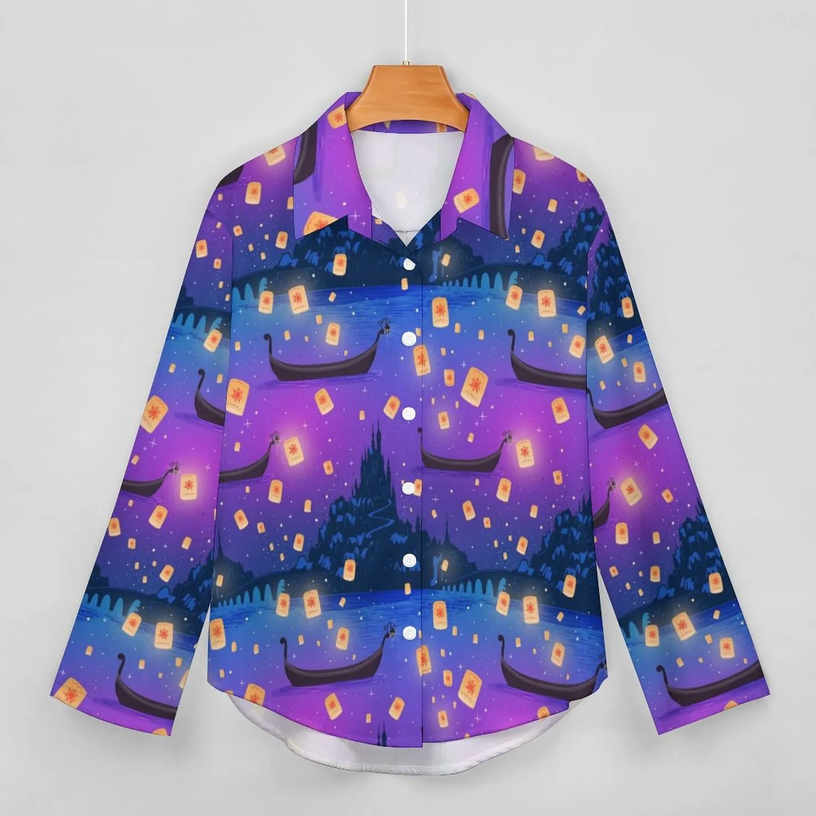 Disney Tangled Rapunzel Floating Lanterns Long Sleeve Button Up Blouse