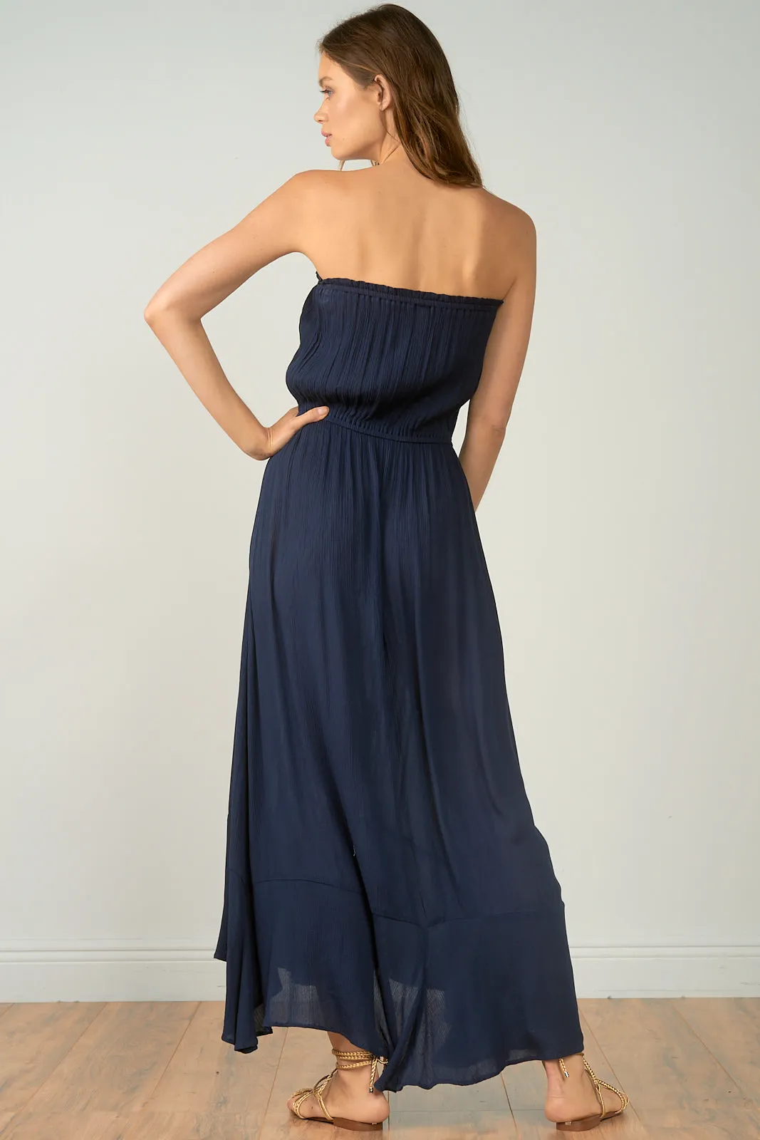 Elan Navy Strapless Front Slit Maxi Dress