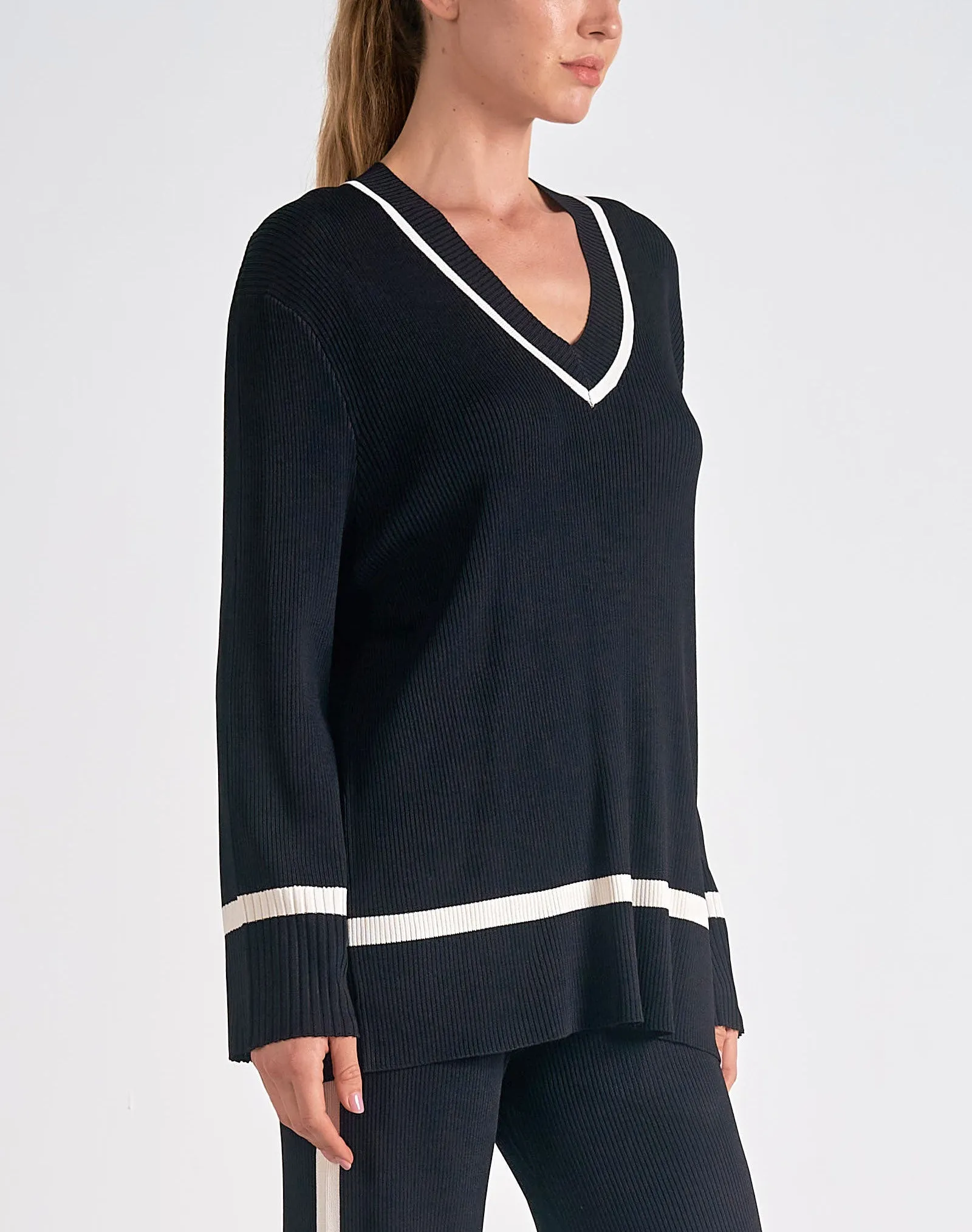 Elan V-Neck Contrast Stripe Sweater